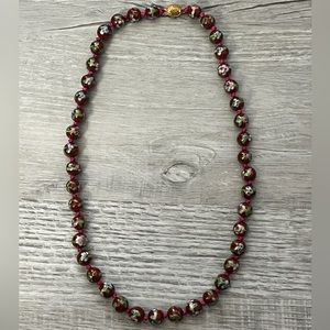 Vintage Chinese Cloisonné Knotted Opera Necklace Glass Lotus Beads 24”